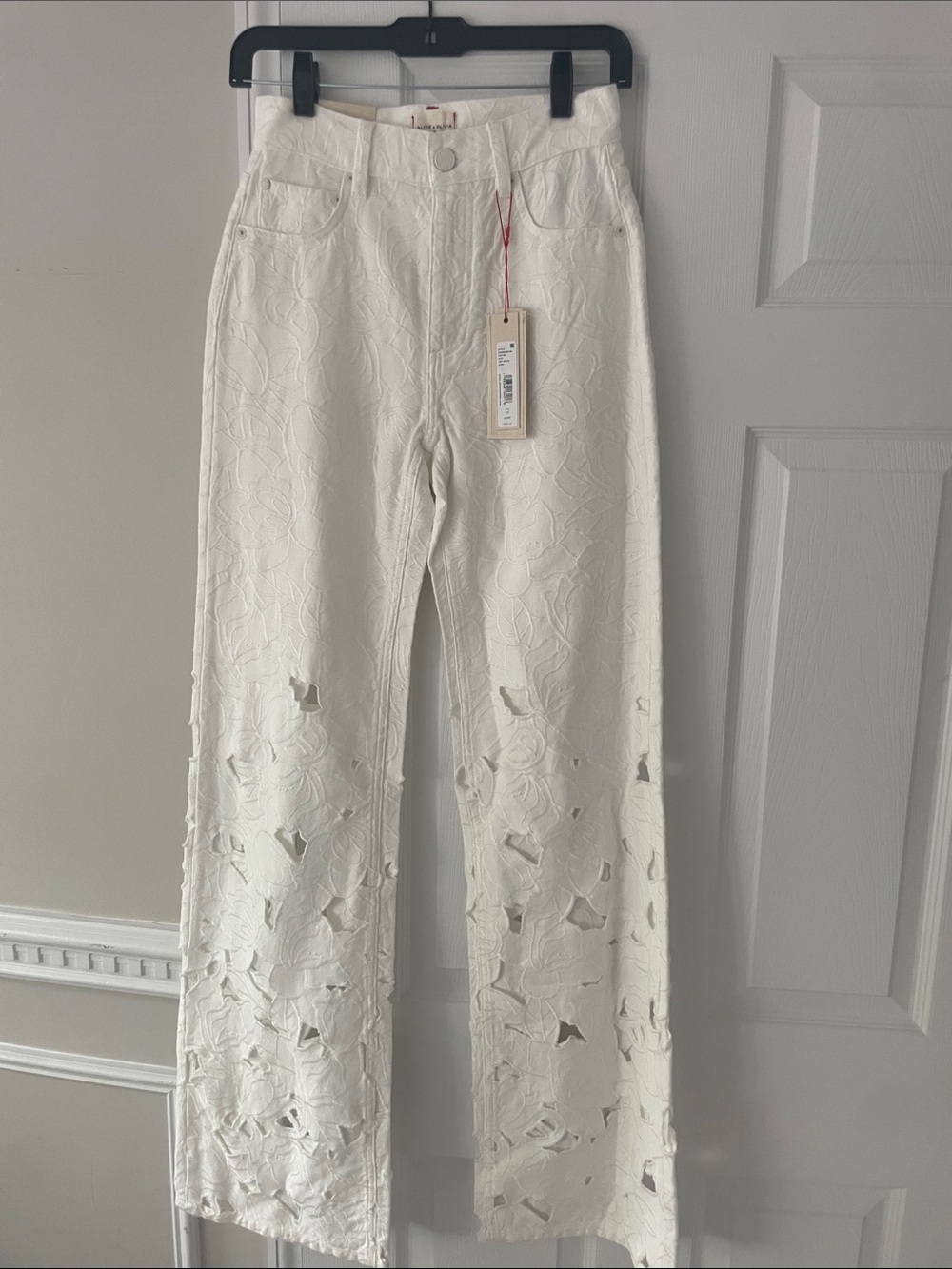Alice + Olivia White Eyelet Jeans with Red Stitch Accents - Picture 6 of 14